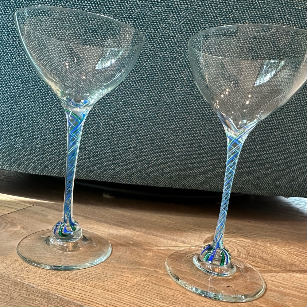 Alex Kalish Hand Blown Blue Latticino Stem Wine Glasses Pair
Signed